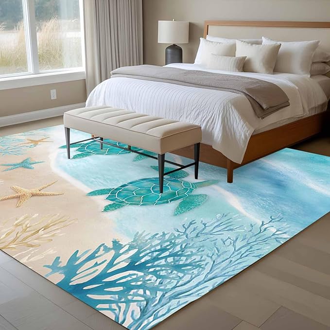 Area Rug 6x9ft, Sea Turtle Starfish Coral Washable Rugs for Living Room Bedroom, Summer Seaside Ocean Life Soft Non-Slip Area Rugs Rectangle Floor Carpet for Dining Room