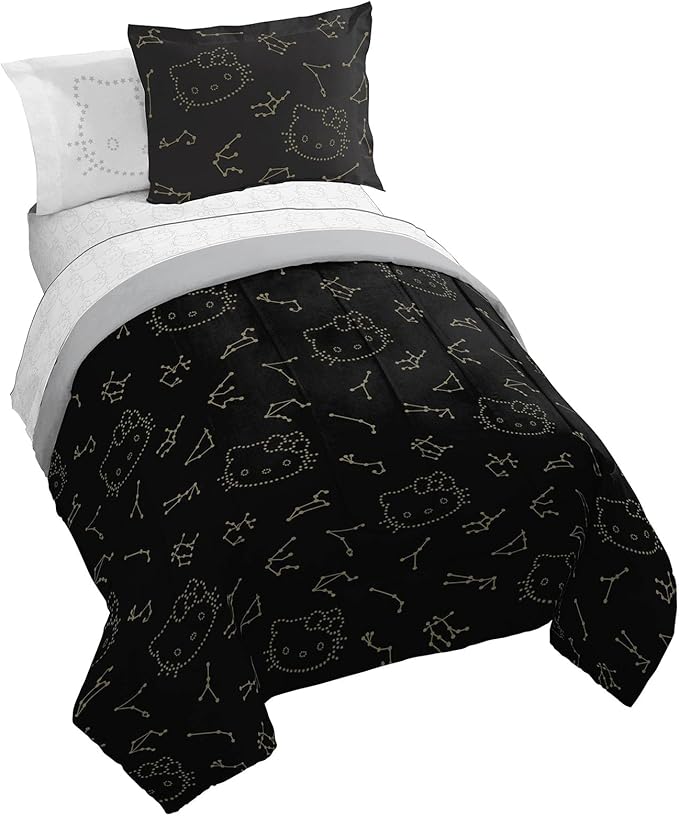 Jay Franco Hello Kitty Stars Full Comforter Set - 7 Piece Bedding Includes Sheet Set & Pillow Covers - Super Soft Zodiac Black & Gold Bedding