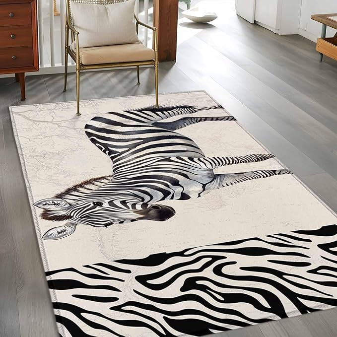 Area Rug 4x6ft, Zebra Black Stripe Animal Portrait Washable Rugs for Living Room Bedroom, Vintage Tree Branch Soft Non-Slip Area Rugs Rectangle Floor Carpet for Dining Room