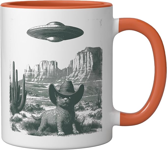 Desert Cat in Hat UFO Encounter Vintage Engraving Ceramic Mug, Orange/White