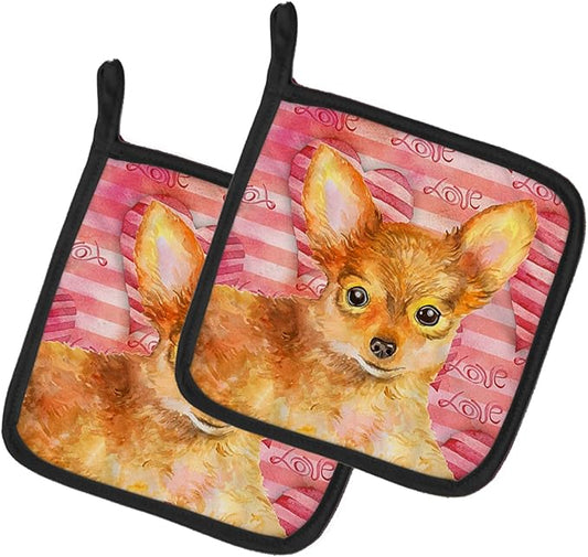 Caroline's Treasures BB9809PTHD Toy Terrier Love Pair of Pot Holders, Red Kitchen Heat Resistant Pot Holders Sets Oven Hot Pads for Cooking Baking BBQ, 7 1/2 x 7 1/2