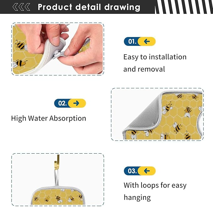Kitchen Faucet Absorbent Mat,Bees Honey Honeycombs Water Splash Guard for Sink, Faucet Drip Catcher Thicken Sponge Microfiber Faucet Water Catcher Mat Sink Absorbent Mat for Kitchen 23x5in 2 Pack