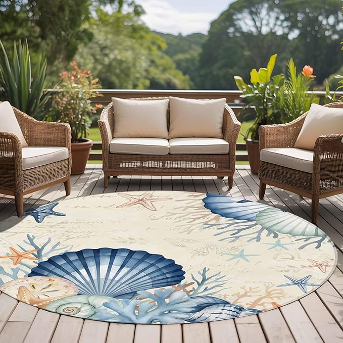 Washable Round Area Rug Summer Blue Shells Starfish Circle Rugs Floor Carpet for Living Room Bedroom, Vintage Coral Shells Fish Soft Non Slip Round Rug 5ft