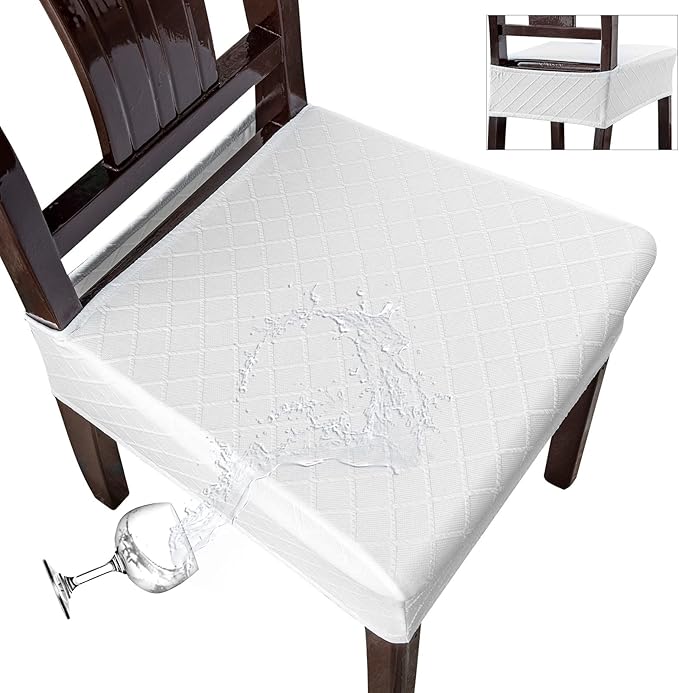 Genina Waterproof Seat Covers for Chairs,Set of 2 Dining Room Chair Seat Covers for Kitchen,Stretch Jacquard Removable Washable Dining Chair Slipcovers Protectors,No Rear Covers, White