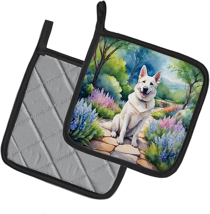 Caroline's Treasures German Shepherd Spring Path Pair of Pot Holders Kitchen Heat Resistant Pot Holders Sets Oven Hot Pads for Cooking Baking BBQ, 7 1/2 x 7 1/2