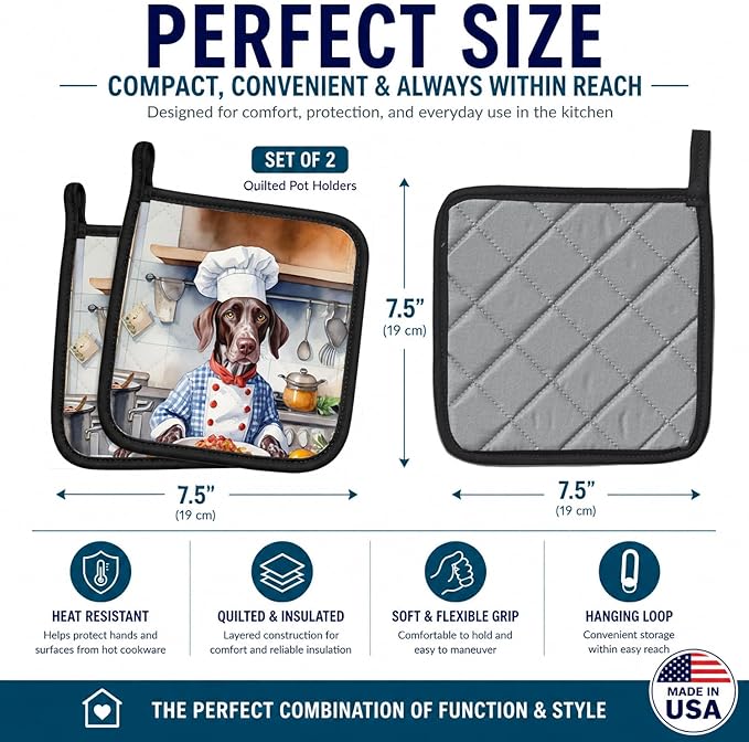 Caroline's Treasures German Shorthaired Pointer The Chef Pair of Pot Holders Kitchen Heat Resistant Pot Holders Sets Oven Hot Pads for Cooking Baking BBQ, 7 1/2 x 7 1/2