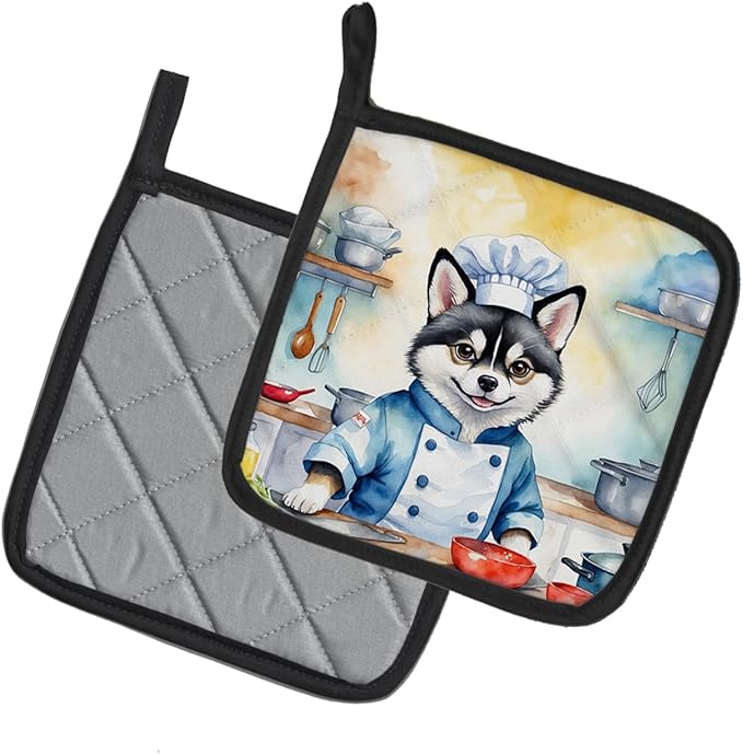 Caroline's Treasures Alaskan Klee Kai The Chef Pair of Pot Holders Kitchen Heat Resistant Pot Holders Sets Oven Hot Pads for Cooking Baking BBQ, 7 1/2 x 7 1/2