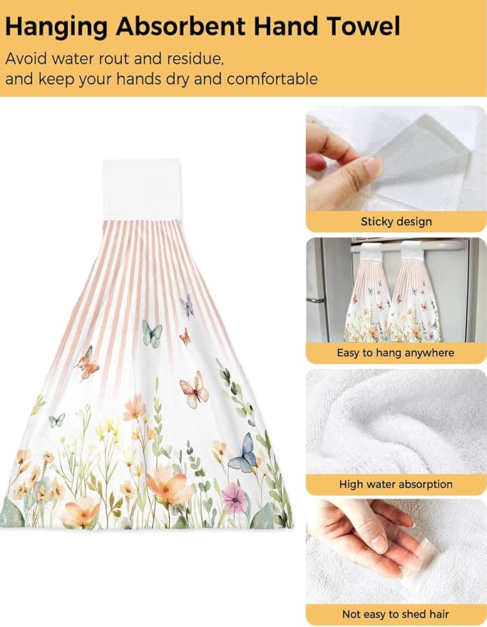 Alandar Home Kitchen Tie Towel Set of 2, Pastoral Floral Leaf Flying Butterfly Absorbent Soft Hand Towels for Bathroom Hanging Towels, Gradient Orange Stripes Fast Drying Cleaning Cloth with Loop