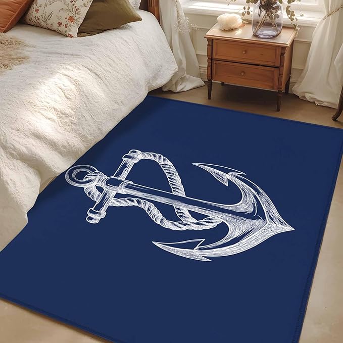 Area Rug 3x5ft, Marine Theme Anchor String Sketch Washable Rugs for Living Room Bedroom, Watercolor Nautical Theme Soft Non-Slip Area Rugs Rectangle Floor Carpet for Dining Room