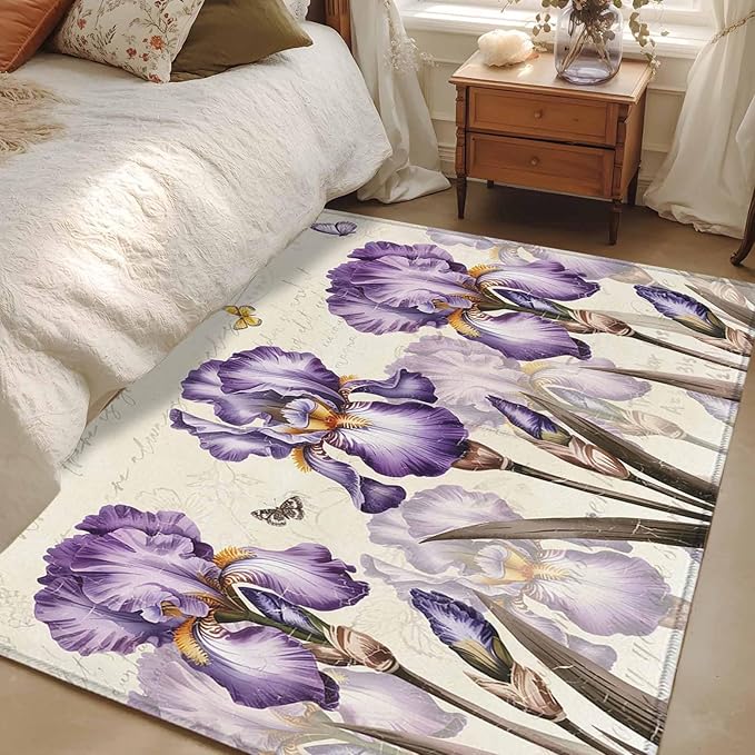 Area Rug 4x6ft, Pastoral Purple Flower Watercolor Washable Rugs for Living Room Bedroom, Country Botanical Butterflies Soft Non-Slip Area Rugs Rectangle Floor Carpet for Dining Room