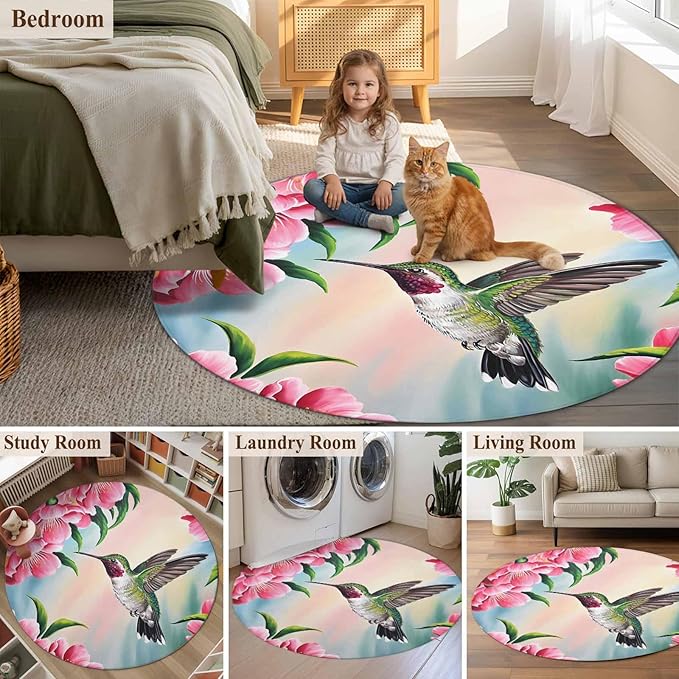 Washable Round Area Rug Hummingbird Flower Peach Blossom Circle Rugs Floor Carpet for Living Room Bedroom, Nature Oil Painting Art Soft Non Slip Round Rug 4ft