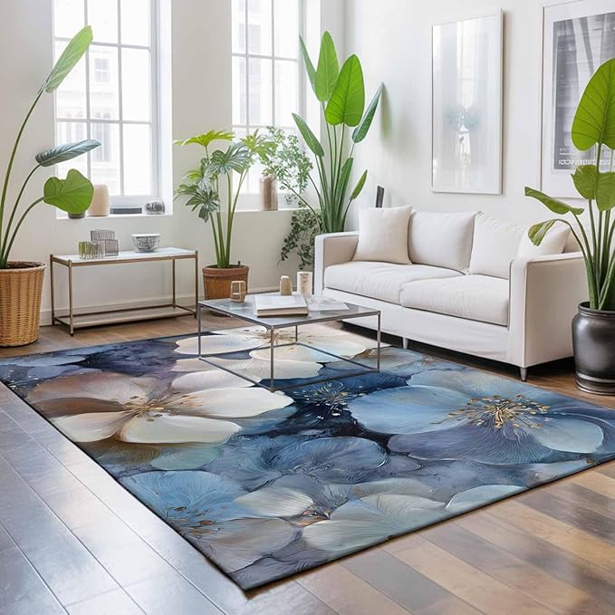 Area Rug 4x6ft, Watercolor White Navy Blue Floral Foliage Washable Rugs for Living Room Bedroom, Abstract Flower Soft Non-Slip Area Rugs Rectangle Floor Carpet for Dining Room