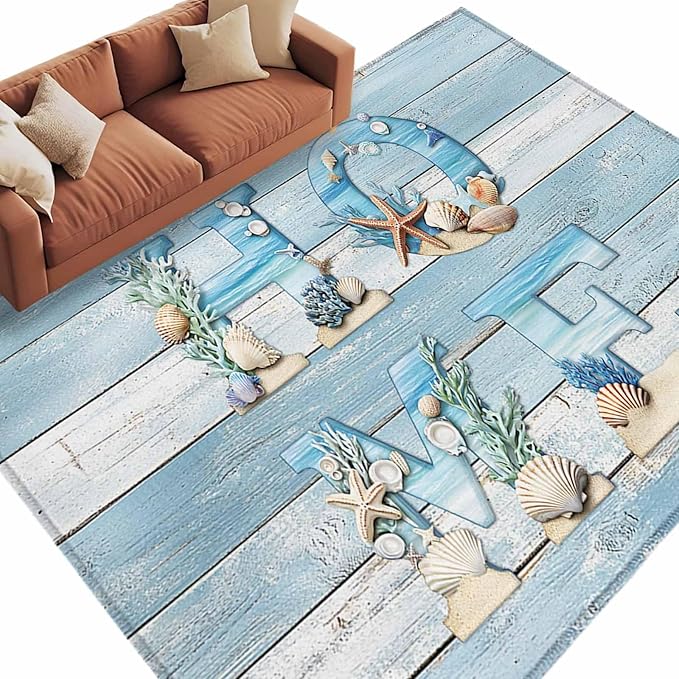 Area Rug 6x9ft, Summer Ocean Beach Shell Home Quote Washable Rugs for Living Room Bedroom, Farm Blue Wood Board Soft Non-Slip Area Rugs Rectangle Floor Carpet for Dining Room