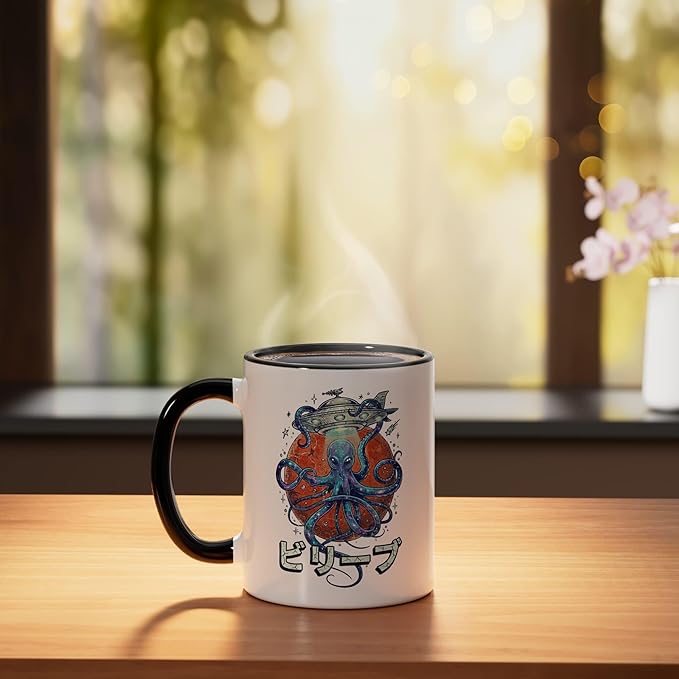 Retro Vintage Japanese Octopus Kraken Alien Planet Galaxy Ceramic Mug, Black/White