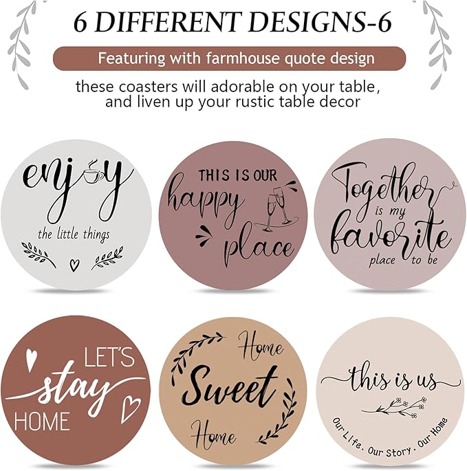Queekay Coasters Set of 6 House Warming Gifts New Home Wooden Farmhouse Drink Coasters with Holder 4'' Funny Decoration for Kitchen Family Coffee Bar Tabletop Protection(Light Brown)