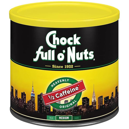 Chock Full o' Nuts Heavenly Original Half Caffeine Ground Coffee – Premium Beans in Recyclable Steel Can – Rich Flavor & Aroma, Medium Roast – Perfect for Drip, Pour-Over, Percolator – 24 Oz Can