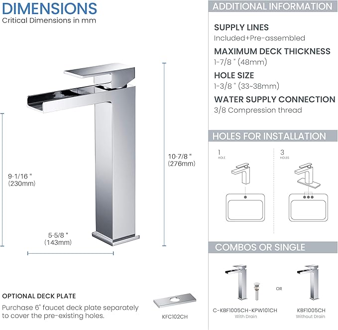 KIBI Waterfall Bathroom Sink Faucet | Single Handle Brass Vanity Faucet with Water Supply Hose | Durable Brass Construction and Smooth Water Flow | Chrome Finish, KBF1005 (Pop Up Drain Included)