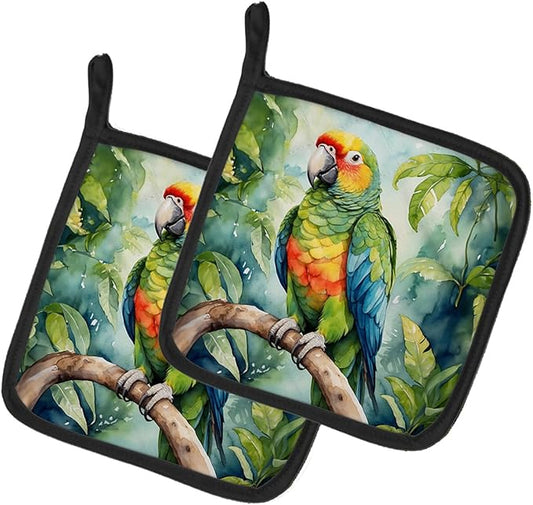 Caroline's Treasures Amazon Parrot Pair of Pot Holders Kitchen Heat Resistant Pot Holders Sets Oven Hot Pads for Cooking Baking BBQ, 7 1/2 x 7 1/2