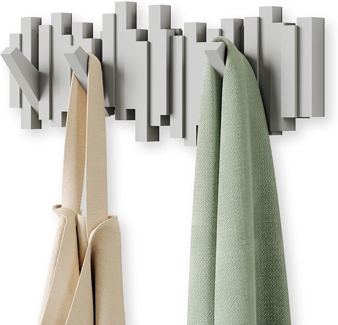 Umbra Sticks Wall-Mounted Coat Rack Rail Hook with 5 Retractable Pegs – Modern, Space-Saving Storage Organizer, Grey