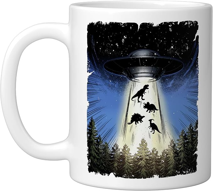 UFO Dinosaur Alien Abduction Flying Saucer Conspiracy Ceramic Mug, White