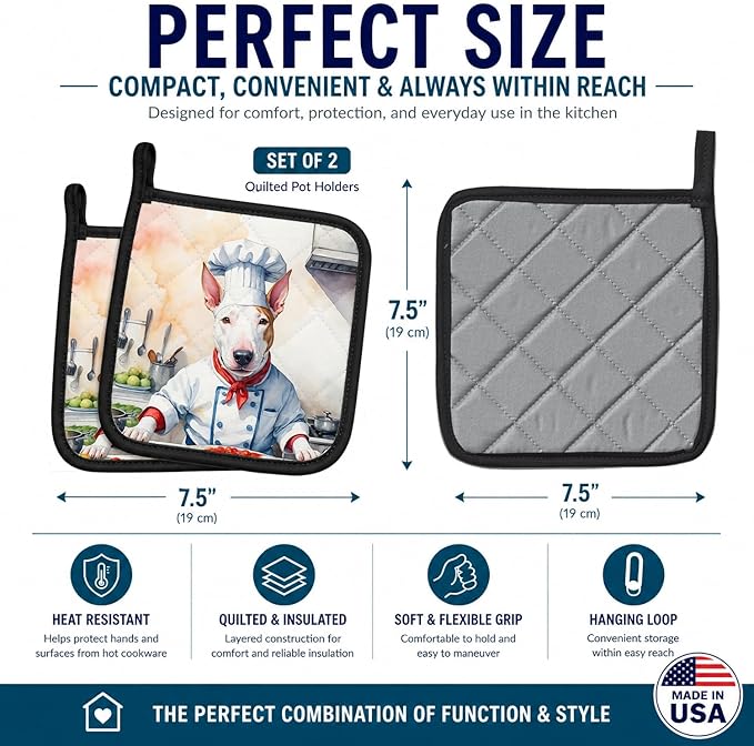 Caroline's Treasures Bull Terrier The Chef Pair of Pot Holders Kitchen Heat Resistant Pot Holders Sets Oven Hot Pads for Cooking Baking BBQ, 7 1/2 x 7 1/2