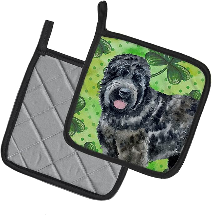 Caroline's Treasures BB9851PTHD Black Russian Terrier St Patrick's Pair of Pot Holders, Green Kitchen Heat Resistant Pot Holders Sets Oven Hot Pads for Cooking Baking BBQ, 7 1/2 x 7 1/2