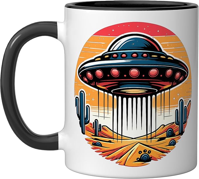 Retro UFO Desert Abduction Scene | Vintage Sci-Fi Ceramic Mug, Black/White