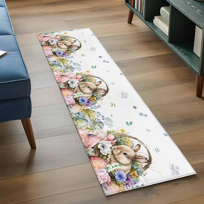 Runner Rug for Bedroom Hallway, Easter Egg Spring Flower Cute Rabbit Kitchen Runner Rugs Area Rug 2x6ft, Blossom Floral on White Washable Soft Floor Carpet for Entryway Stair