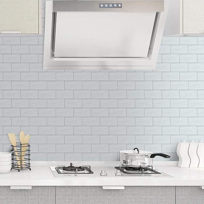 AULIGET 3" x 6" Metal Subway Tile Peel and Stick Backsplash, Stainless Steel Stick on Wall Tiles for Backsplash Kitchen, Bathroom, Laundry Room, Camper, Fireplace, Pack of 4