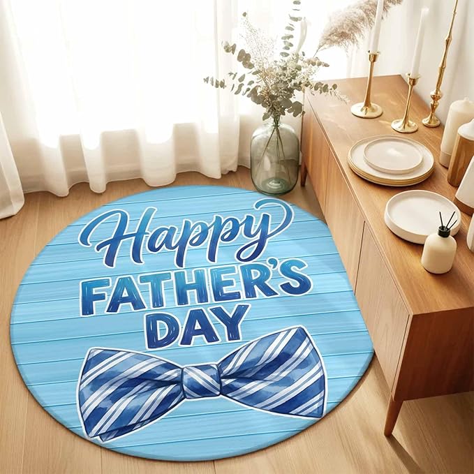 Washable Round Area Rug Father's Day Vintage Plank Circle Rugs Floor Carpet for Living Room Bedroom, Cartoon Blue Stripes Bow Soft Non Slip Round Rug 3ft