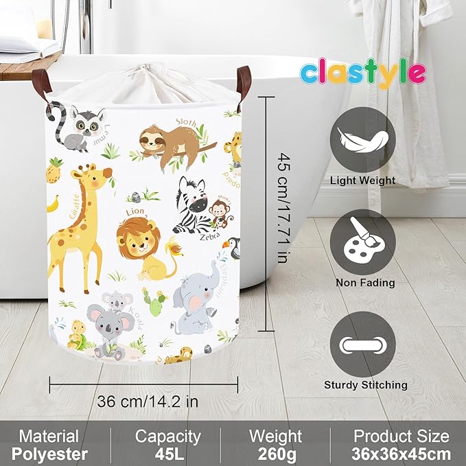 Clastyle Large Alphabet Animal Hamper for Nursery Kid Room Giraffe Lion Boy Girl Laundry Basket with Handle Elephant Collapsible Zebra Clothes Toy Storage Basket with Lid