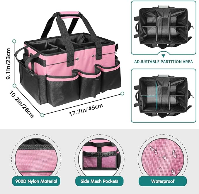 Cleaning Bags for Housekeepers, Large Cleaning Supplies Organizer with Handles & Shoulder Strap, Cleaning Caddy Bag with Foldable Divider for Cleaners, Car Horse Cleaning Bag(Pink)