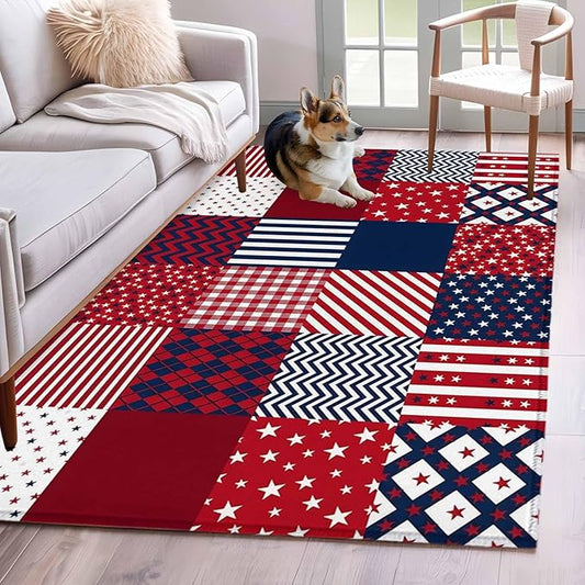 Area Rug 4x6ft, Abstract Splicing Stars Stripes Washable Rugs for Living Room Bedroom, Independence Day Red Blue White Soft Non-Slip Area Rugs Rectangle Floor Carpet for Dining Room