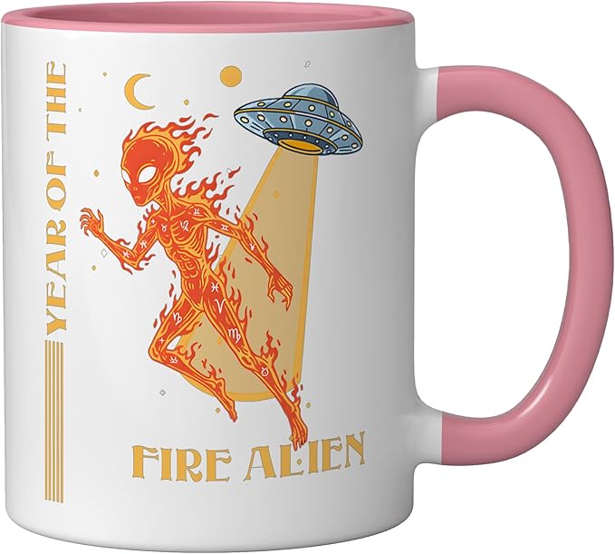 Year of the Fire Alien Chinese Zodiac Celestial Astrology Ceramic Mug, Pink/White
