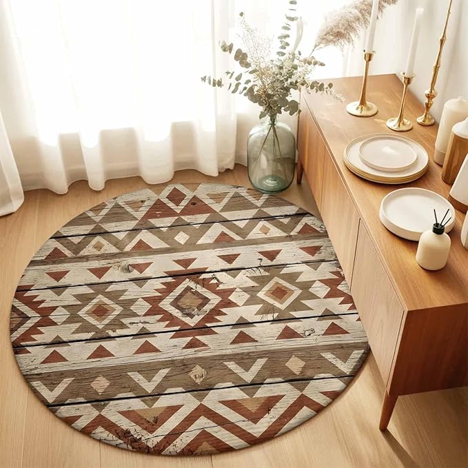 Washable Round Area Rug Rustic Aztec Style Pattern Circle Rugs Floor Carpet for Living Room Bedroom, Southwestern Geometric Art Soft Non Slip Round Rug 5ft