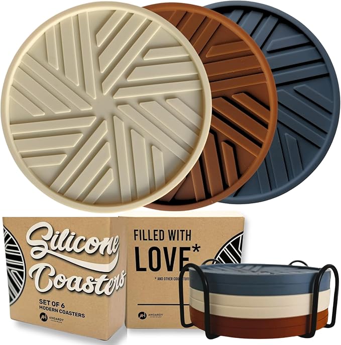 Silicone Coasters for Drinks -Set of 6 - with smart, Modern, Groove Patterns & Gold Holder - Protection Your Vintage Coffee Table from Condensation Cups, Home Office Decor