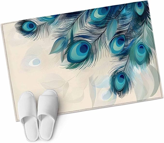 Area Rug 2x3ft, Abstract Animal Art Peacock Feather Washable Rugs for Living Room Bedroom, Watercolor Blue Eyes Beige Soft Non-Slip Area Rugs Rectangle Floor Carpet for Dining Room