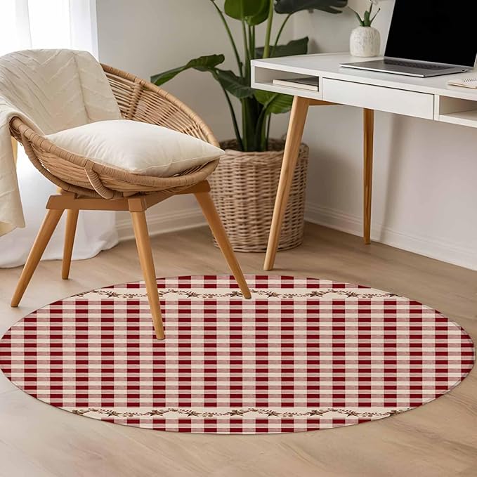 Washable Round Area Rug Vintage Red Buffalo Plaid Berry Circle Rugs Floor Carpet for Living Room Bedroom, Farmhouse Western Star Soft Non Slip Round Rug 4ft