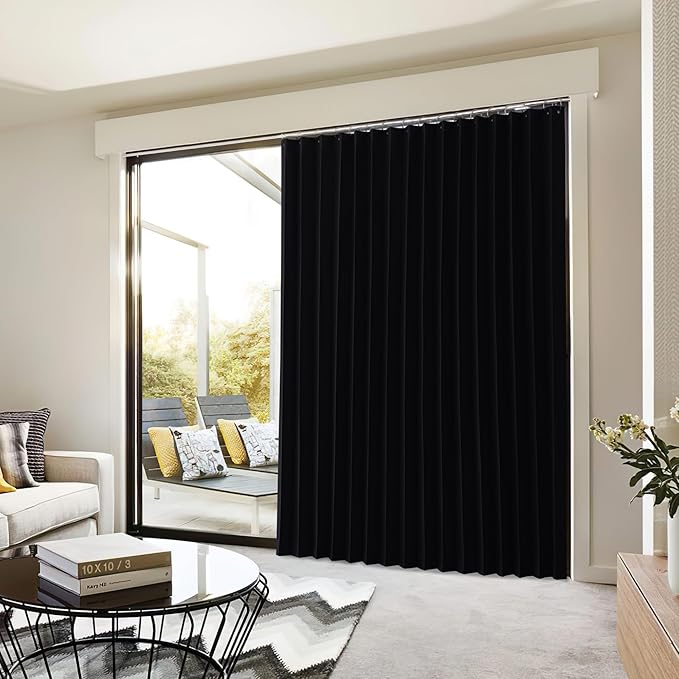 NICETOWN Patio Sliding Door Curtain 100 x 84, Blackout Thermal Pleated Shades with 21 Stainless Rings, Room Divider Curtain for Bedroom/Glass Door, Black Privacy Drape for Large Window, 1 Panel