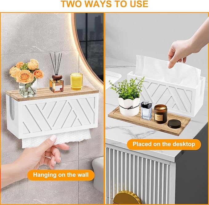 Qivine Paper Towel Dispenser Wall Mount, 2-in-1 Wooden Paper Towel Holder, Toilet Napkin Holder Dispenser with Lid Removable Top Tray for Bathroom Kitchen Decor Home and Commercial (White)