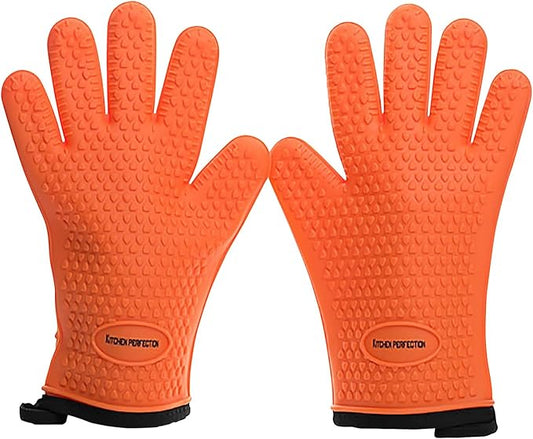 KITCHEN PERFECTION S Silicone Smoker Oven Gloves for Women -Extreme Heat Resistant BBQ Gloves -Handle Hot Food Right on Your Grill Fryer |Waterproof Oven Mitts for Cooking |Superior Set+3 Bonuses