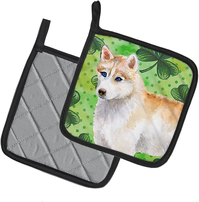 Caroline's Treasures BB9829PTHD Siberian Husky St Patrick's Pair of Pot Holders, Green Kitchen Heat Resistant Pot Holders Sets Oven Hot Pads for Cooking Baking BBQ, 7 1/2 x 7 1/2