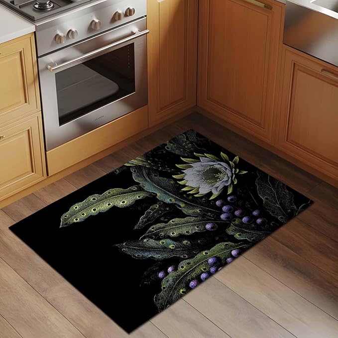 Area Rug 2x3ft, Watercolor Flower Berry Leaves Washable Rugs for Living Room Bedroom, Botanical Plant Dark Style Soft Non-Slip Area Rugs Rectangle Floor Carpet for Dining Room