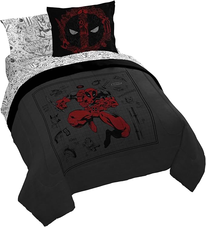 Jay Franco Marvel Deadpool Queen Size Comforter Set - 7 Piece Bedding Includes Sheet Set and Pillow Covers - Gray and Red Super Soft Cozy Bedding