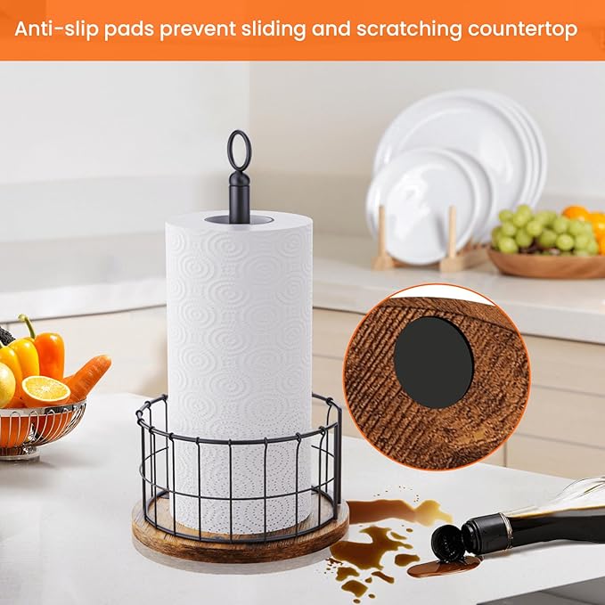 Homode Paper Towel Holder Stand, Countertop Paper Towel Holder with Weighted Base, Farmhouse Standing Paper Towel Roll Dispenser for Kitchen Counter, Fits Standard or Jumbo-Sized Rolls, Rustic Brown