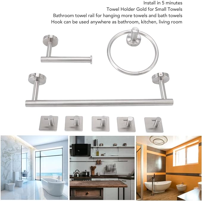 Tyenaza Towel Bar, Bathroom Hardware Set with Towel Rings Towel Bar Tissue Holder 5 Hooks 304 Stainless Steel, for Bathroom, Kitchen, Living Room