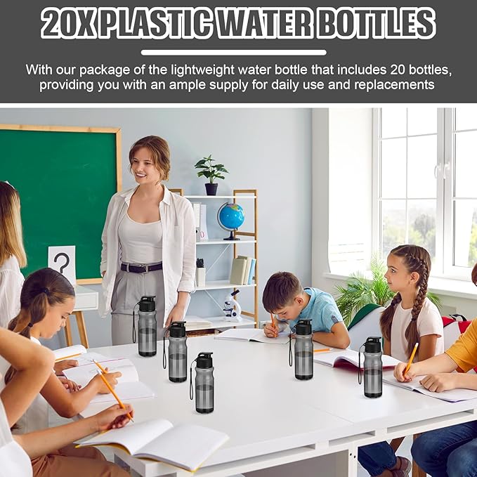 Tioncy 20 Pieces Plastic Water Bottles for Adults Bulk 17 oz Sport Drink Bottles with Handle Strap Lightweight Leakproof Drink Flip Top cups for Party Outdoor(Black,fresh style)
