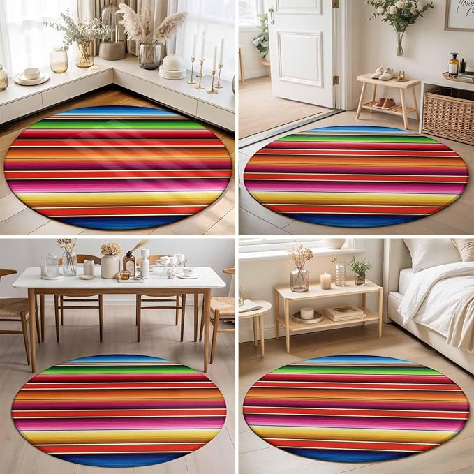Washable Round Area Rug Mexican Stripes Vintage Ethnic Circle Rugs Floor Carpet for Living Room Bedroom, Native American Stripe Soft Non Slip Round Rug 3ft