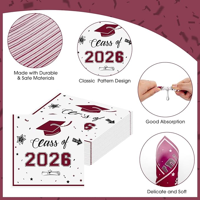 50 Pcs Graduation Napkins Decorations - Maroon Class of 2026 Congrats GRAD 3-Ply Paper Cocktail Dinner Napkins Set for 2026 Graduation Party Supplies Table Decor Favors, 6.5 x 6.5 Inch