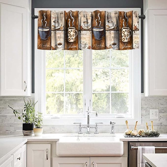 Vintage Coffee Curtain Valance, Rustic European City Paris Rome Pisa Short Window Treatment for Kitchen Cafe Bedroom Dining Living Room Home Decor, 54x18Inch